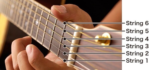 Sơ đồ minh họa thứ tự và tên gọi của 6 dây đàn guitar, từ dây Mi cao đến dây Mi trầm