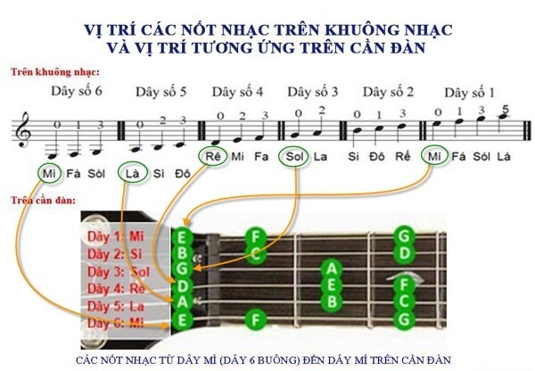 Tương quan vị trí nốt nhạc trên khuông nhạc và trên cần đàn