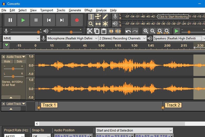 Giao diện phần mềm Audacity