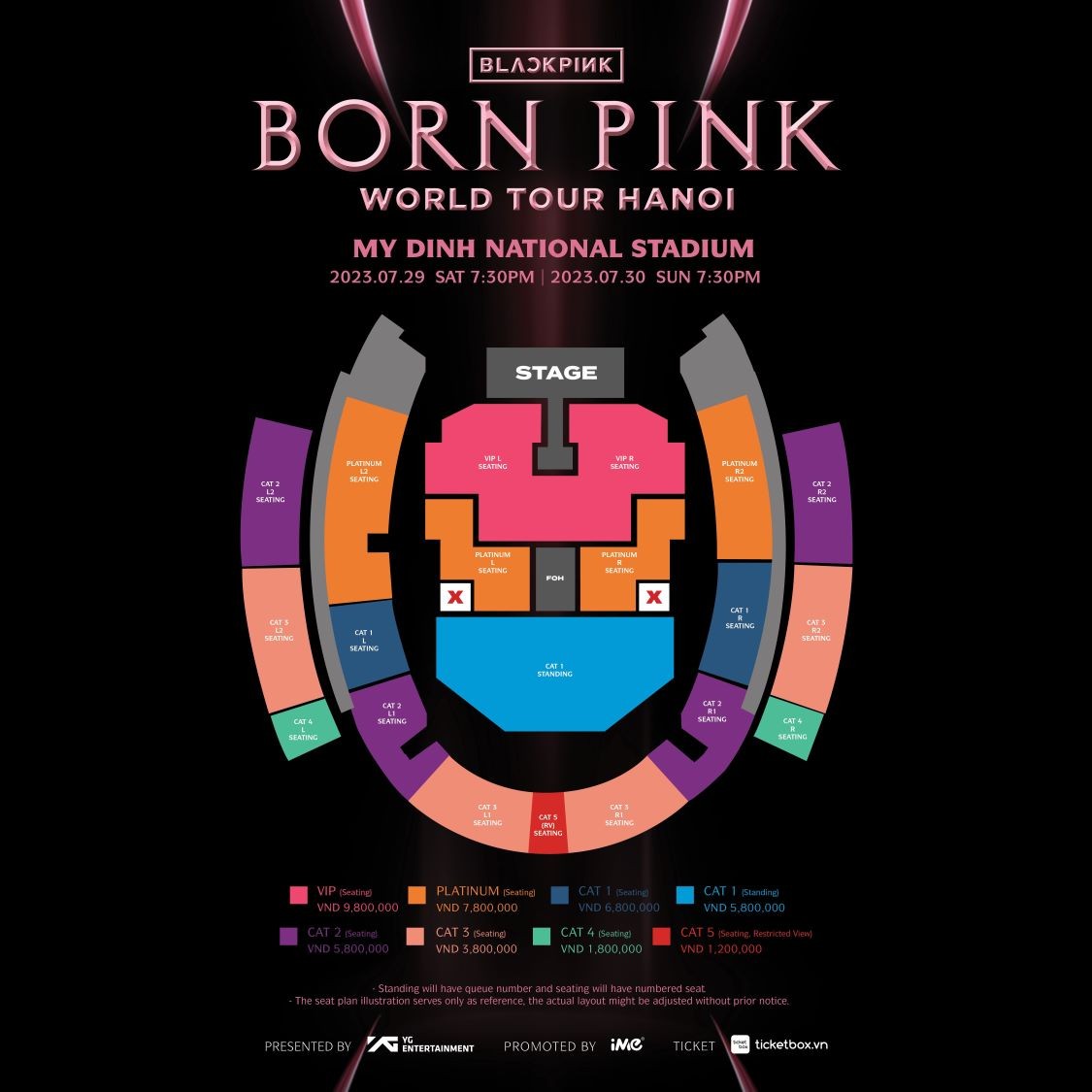 Sơ đồ chỗ ngồi tại concert Born Pink tại Hà Nội, chỉ rõ khu vực CAT5 bị hạn chế tầm nhìn do thẳng hướng FOH