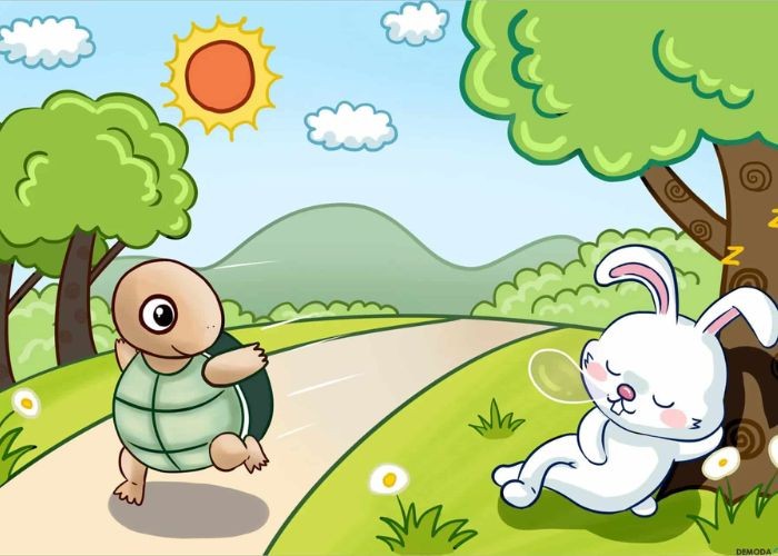 Hình ảnh Rùa và Thỏ đang chạy đua, minh họa cho bài học về kiên trì