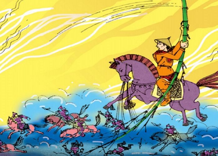 Hình ảnh Thánh Gióng cưỡi ngựa sắt oai phong, biểu tượng của anh hùng dân tộc